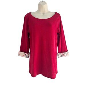 Burberry Brit Womens Sz XL Red Nova Check Cuff 3/4 Sleeve Cotton Shirt Top